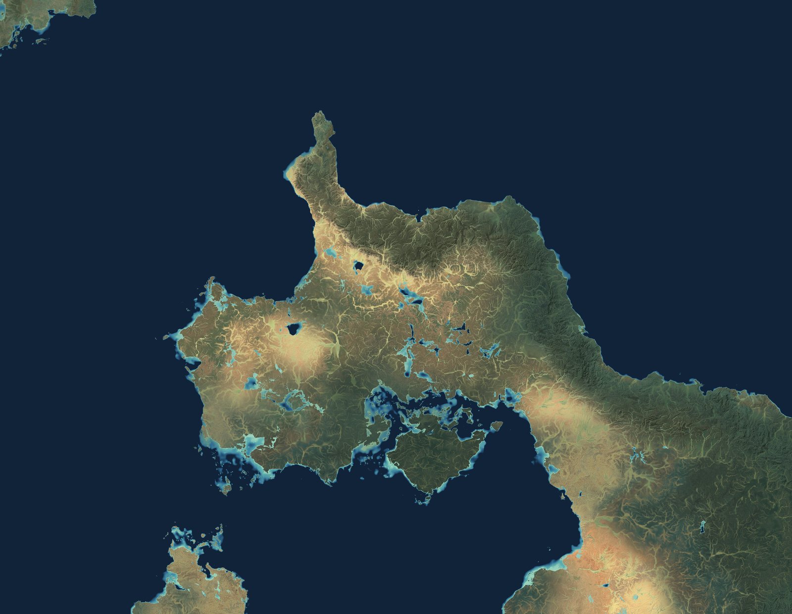 The same section after synthesis and colour, the authored coastline carrying drainage, relief and biome colour