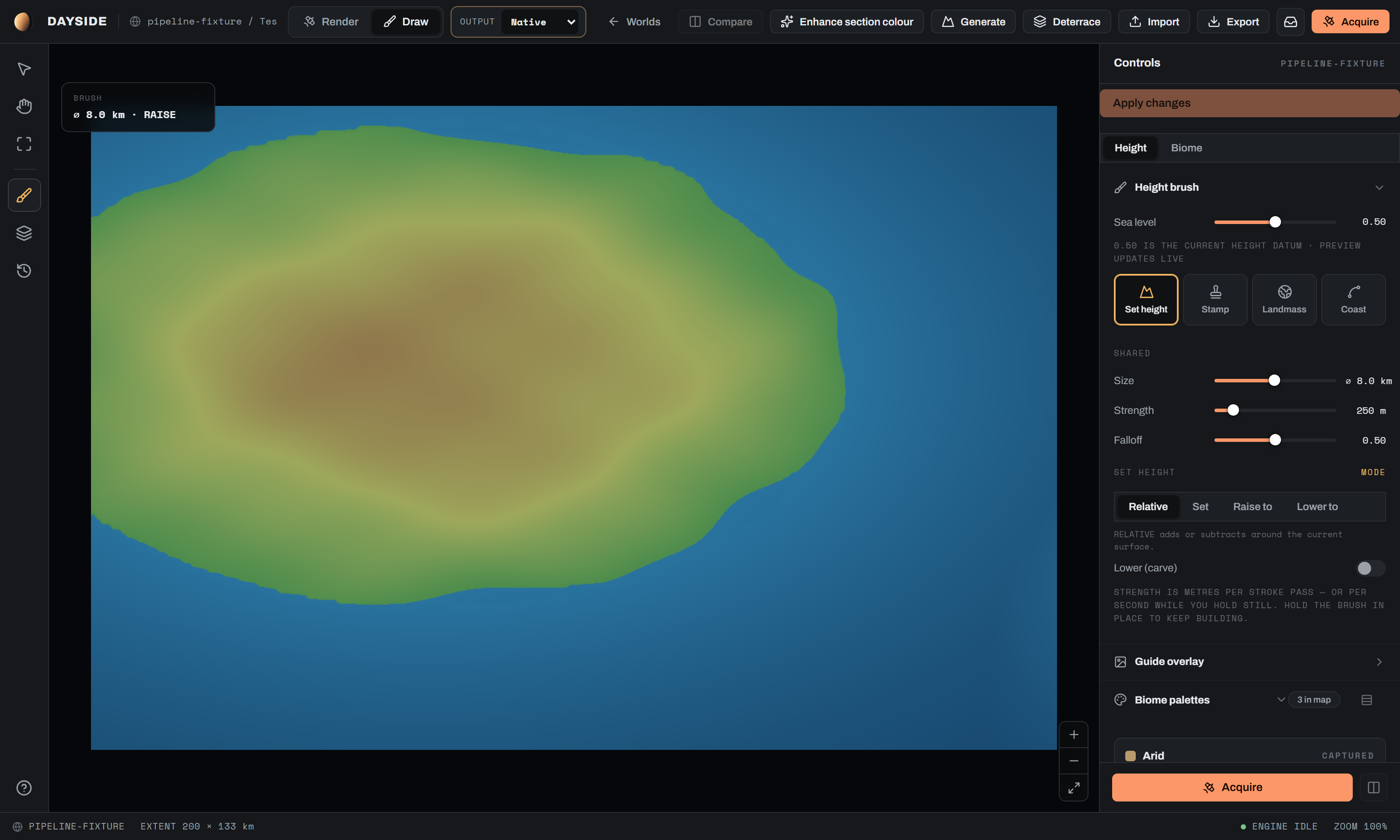 Draw mode: the tool rail on the left, brush controls on the right