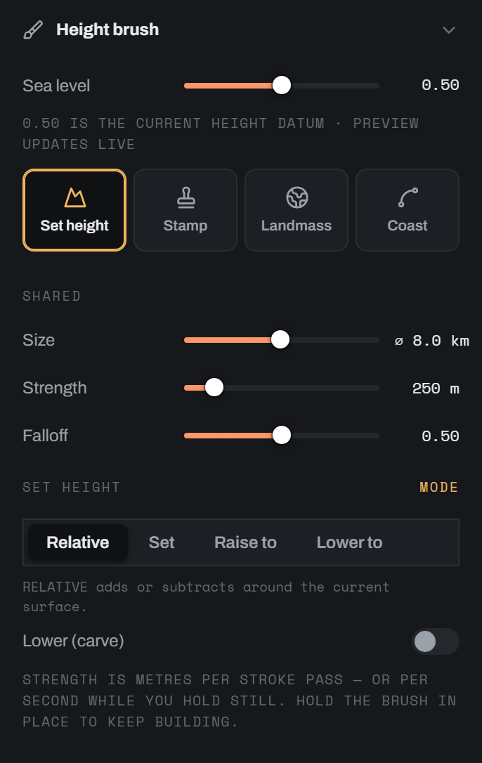 The height brush controls
