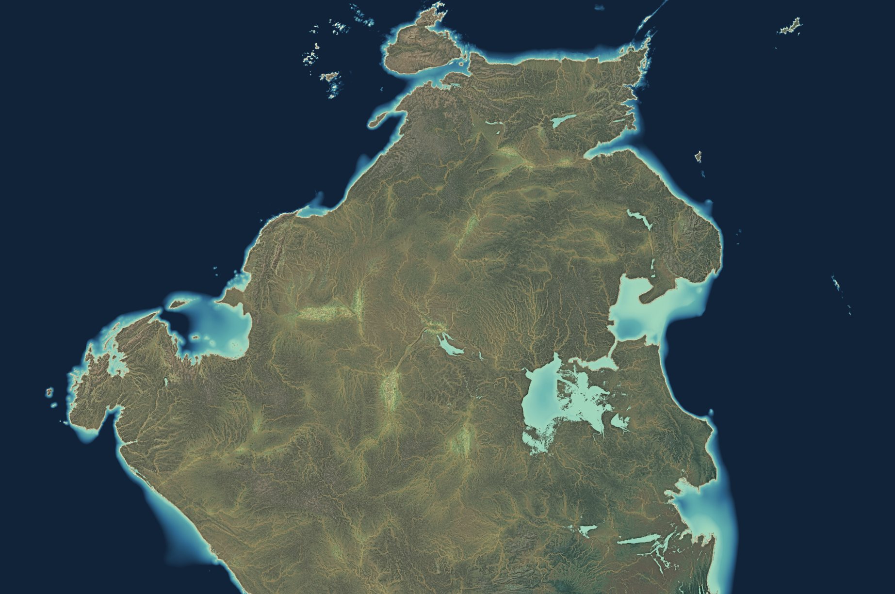 Continental landmass with river networks